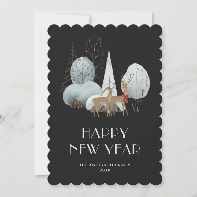 Winter Wonderland Buck Doe Black New Year Card (Front)