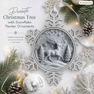 Winter Wonderland Buck Snowy Scene Snowflake Pewter Christmas Ornament