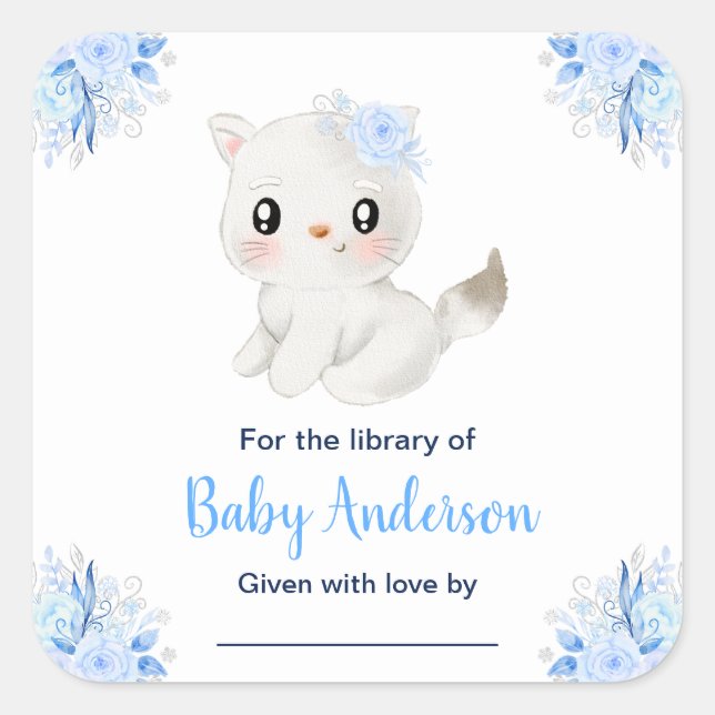 Winter Wonderland Cat Baby Shower Bookplate Square Sticker (Front)