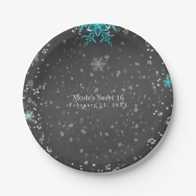 Winter Wonderland Chalk Teal & Purple Custom Party Paper Plate (Front)