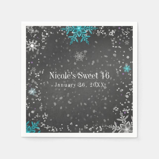Winter Wonderland Chalk Teal & Purple Party Napkin (Front)