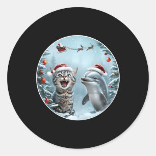 Winter Wonderland Christmas Cat Dolphin Selfie San Classic Round Sticker