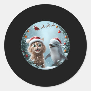 Winter Wonderland Christmas Cat Dolphin Selfie San Classic Round Sticker