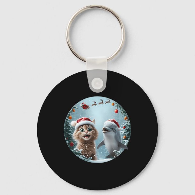 Winter Wonderland Christmas Cat Dolphin Selfie San Key Ring (Front)