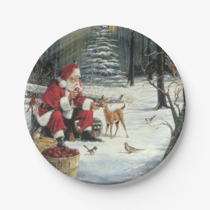 Winter Wonderland Christmas Santa And Deer Paper Plate