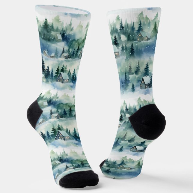 Winter Wonderland - Cosy Teal Cabin and Trees Socks (Angled)