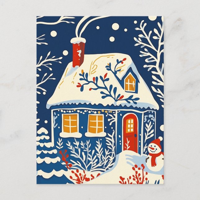 Winter Wonderland, Cottage, Holiday folk art Postcard (Front)