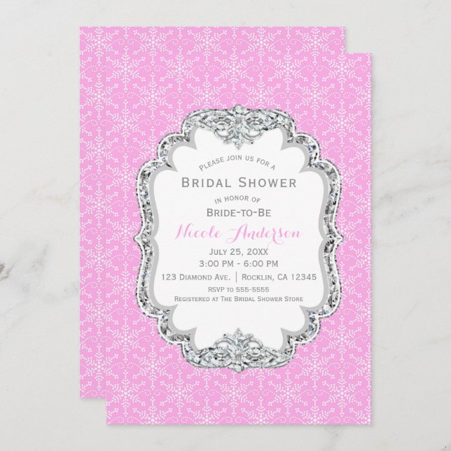 Winter Wonderland Crystal Snowflakes Pink Elegant Invitation (Front/Back)