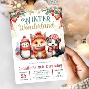 Winter Wonderland Cute Snow Animals 9th Birthday Invitation