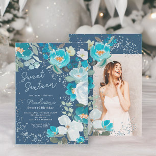 Winter Wonderland dark blue Floral Sweet Sixteen Invitation