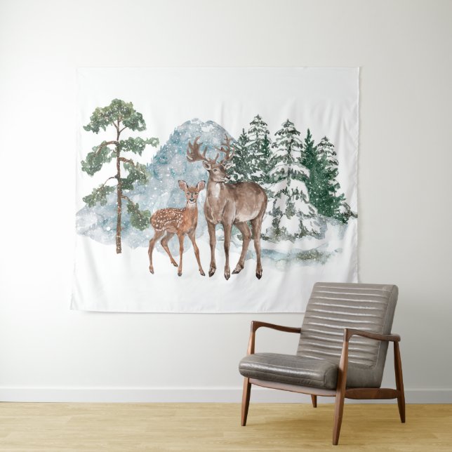 Winter Wonderland Dear and Pine tree snow Fall Tapestry (In Situ (Horizontal))