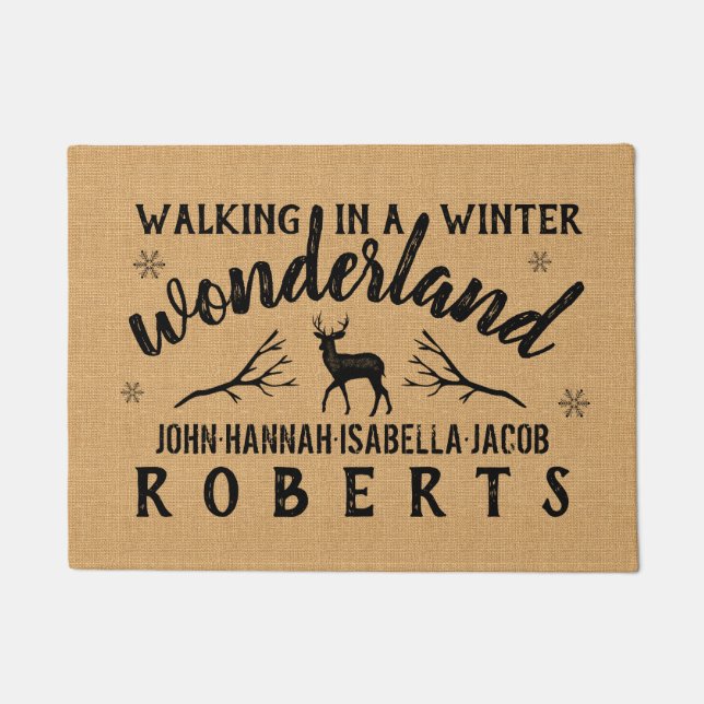 Winter Wonderland Deer Branches Custom Burlap Doormat (Front)