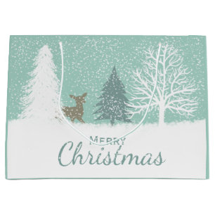 Winter Wonderland deer, snow pine trees Christmas Large Gift Bag