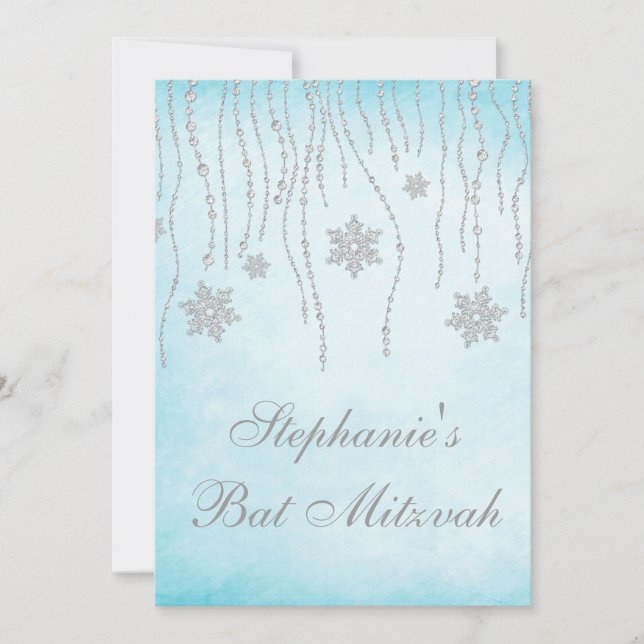 Winter Wonderland Diamond Snowflakes Bat Mitzvah Invitation (Front)