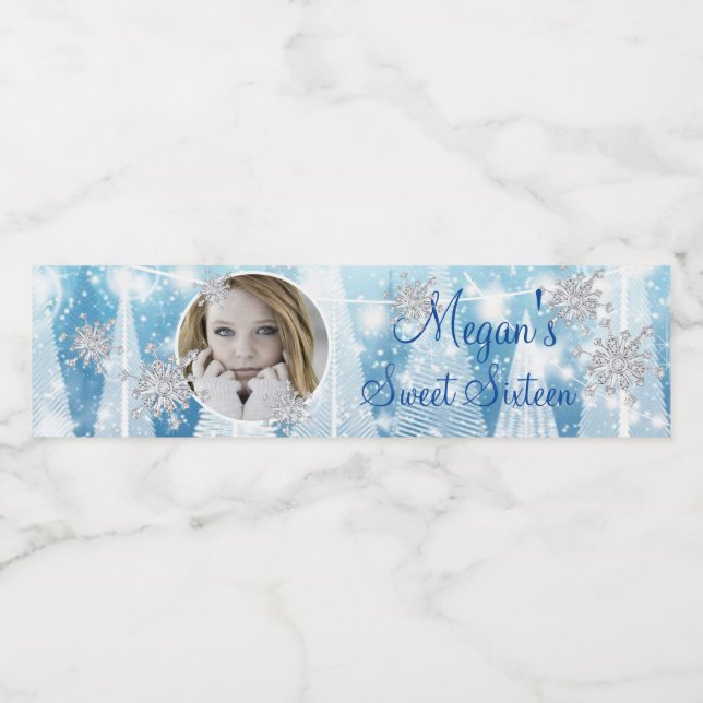 Winter Wonderland Diamond Snowflakes String Lights Water Bottle Label (Single Label)