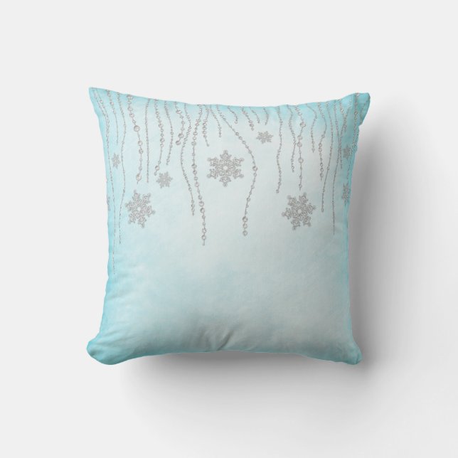 Winter Wonderland Diamond Snowflakes Teal Blue Cushion (Front)