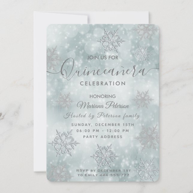 Winter wonderland dusty blue bokeh Quinceañera Invitation (Front)