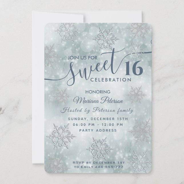 Winter wonderland dusty blue bokeh sweet 16 invitation (Front)
