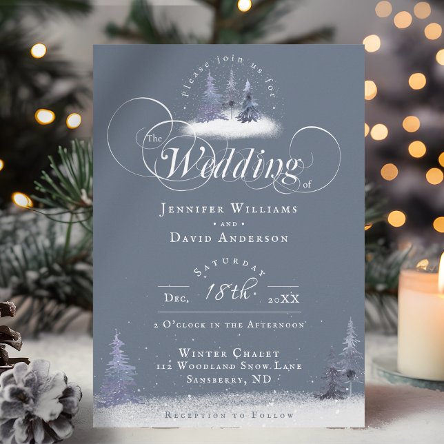 Winter Wonderland Dusty Blue Pine Snow Wedding Invitation (A winter wedding invitation with dusty blue and white watercolor pine trees and soft fallen snow.)