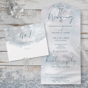 Winter Wonderland Elegant Script Snow Wedding All In One Invitation