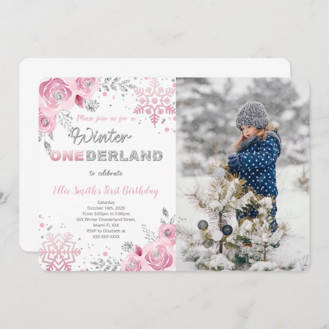Winter Wonderland First Birthday Photo Invitation (Front/Back)