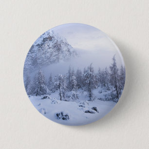 Winter wonderland, fog, spruce forest and mountain 6 cm round badge