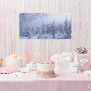 Winter wonderland, fog, spruce forest and mountain banner