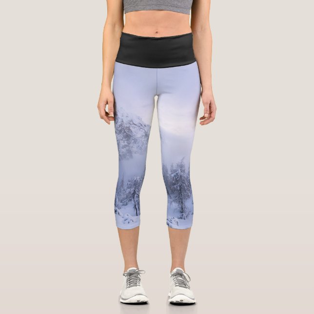 Winter wonderland, fog, spruce forest and mountain capri leggings (Front)