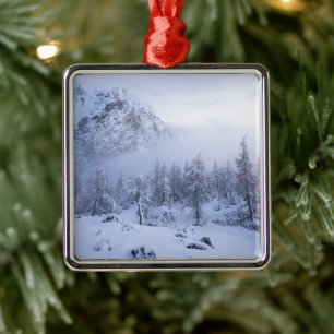 Winter wonderland, fog, spruce forest and mountain metal ornament
