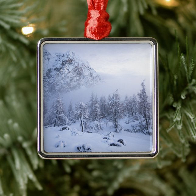 Winter wonderland, fog, spruce forest and mountain metal ornament (Tree)