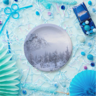 Winter wonderland, fog, spruce forest and mountain paper plate