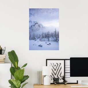 Winter wonderland, fog, spruce forest and mountain poster