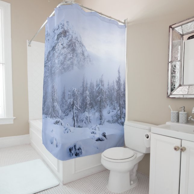 Winter wonderland, fog, spruce forest and mountain shower curtain (In Situ)