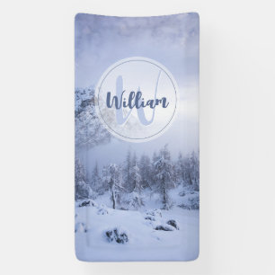Winter wonderland fog spruce forest snow monogram banner