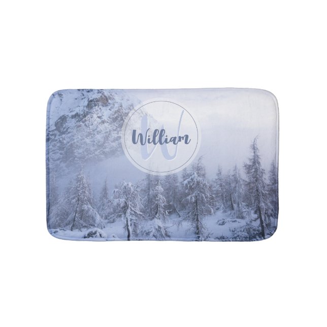 Winter wonderland fog spruce forest snow monogram bath mat (Front)