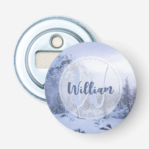 Winter wonderland fog spruce forest snow monogram bottle opener