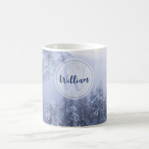 Winter wonderland fog spruce forest snow monogram coffee mug