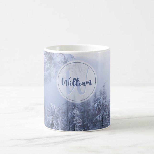Winter wonderland fog spruce forest snow monogram coffee mug (Center)