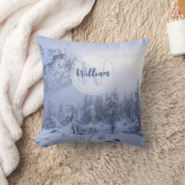 Winter wonderland fog spruce forest snow monogram cushion (Blanket)