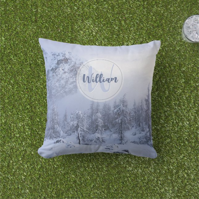 Winter wonderland fog spruce forest snow monogram  cushion (Grass)