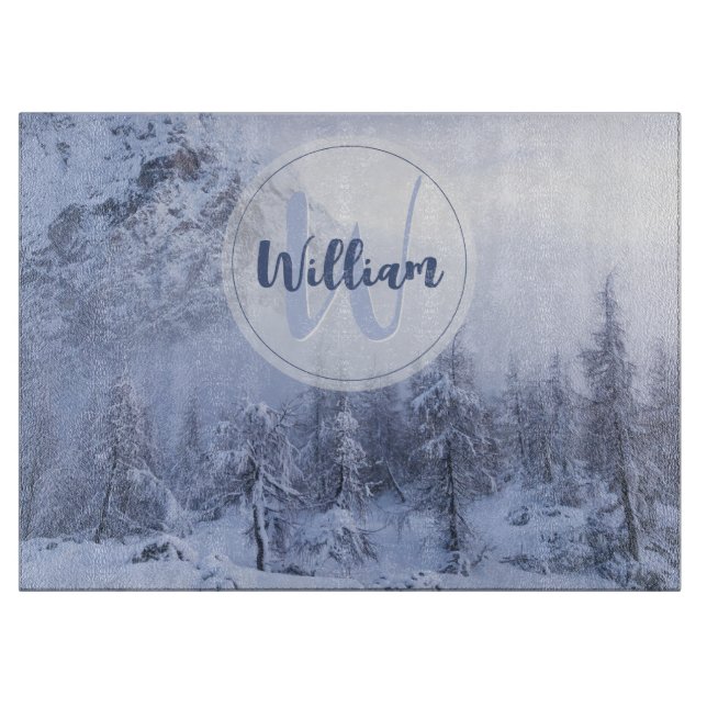 Winter wonderland fog spruce forest snow monogram cutting board (Front)