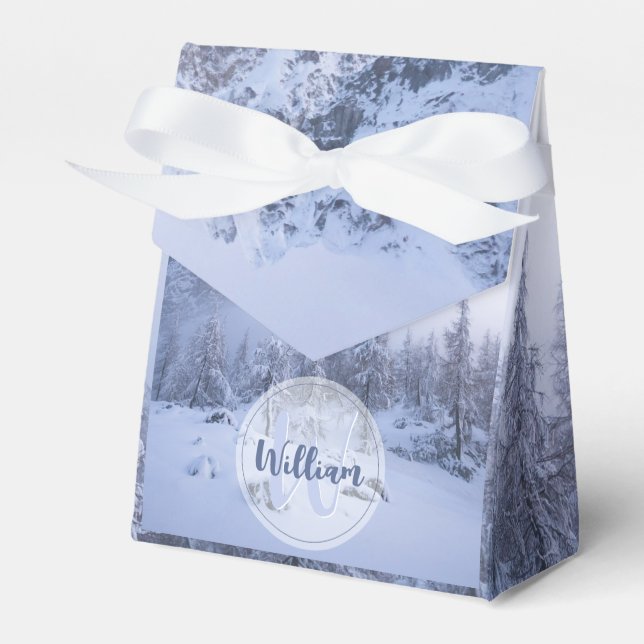 Winter wonderland fog spruce forest snow monogram favour box (Front Side)