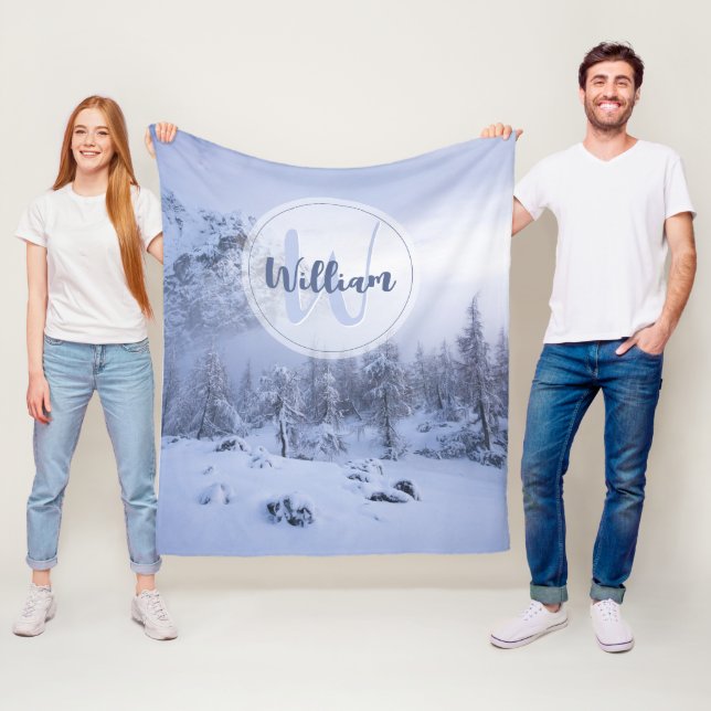 Winter wonderland fog spruce forest snow monogram fleece blanket (In Situ)