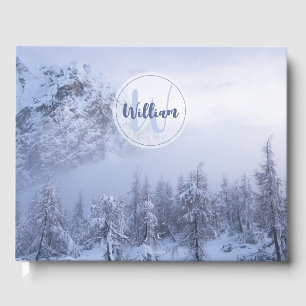 Winter wonderland fog spruce forest snow monogram guest book