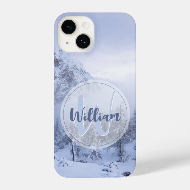 Winter wonderland fog spruce forest snow monogram iPhone case (Back)