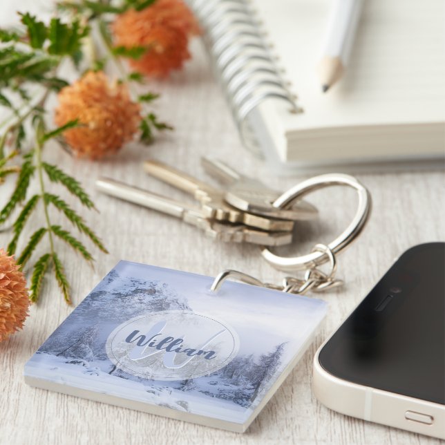 Winter wonderland fog spruce forest snow monogram key ring (Front Right)