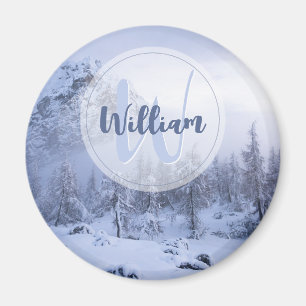 Winter wonderland fog spruce forest snow monogram magnet