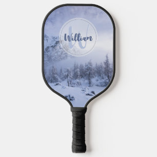 Winter wonderland fog spruce forest snow monogram pickleball paddle