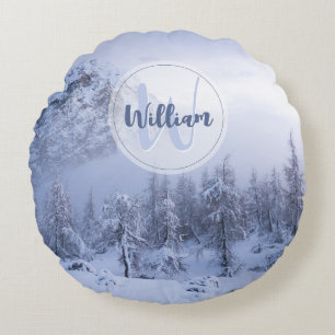 Winter wonderland fog spruce forest snow monogram round cushion