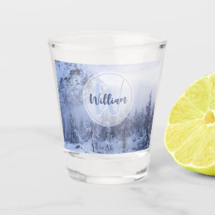 Winter wonderland fog spruce forest snow monogram shot glass